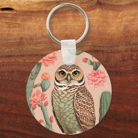 Porte-clés Chouette Et Cactus Élégants À Brûler (Recto)