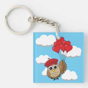 Porte-clés Chouette mignonne volant avec des ballons de coeur