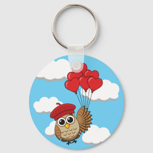 Porte-clés Chouette mignonne volant avec des ballons de coeur
