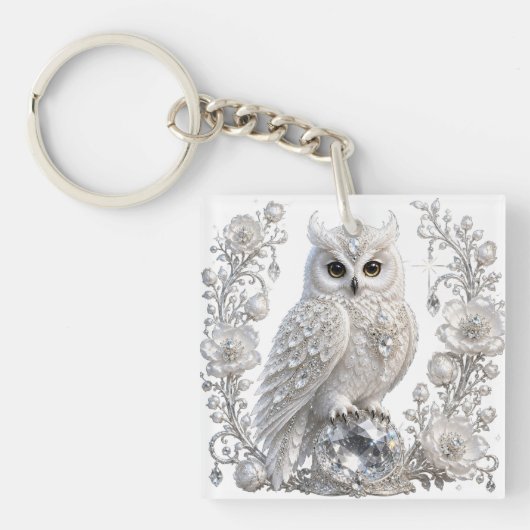 Porte-clés Chouette Perle de Cristal Blanc (Devant)