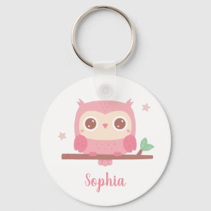 Porte-clés Chouette Rose Mignonne Sur Une Branche, Personnali
