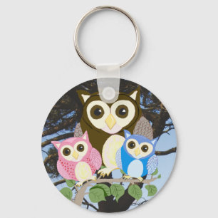 Porte-clés Chouettes colorées dans un arbre