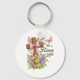 Porte-clés Chrétien- Il Est Ressuscité Croix Florale Religieu