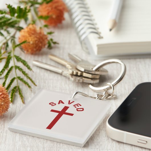 Porte-clés Christian Saved Croix rouge et conception de texte (Devant Droit)