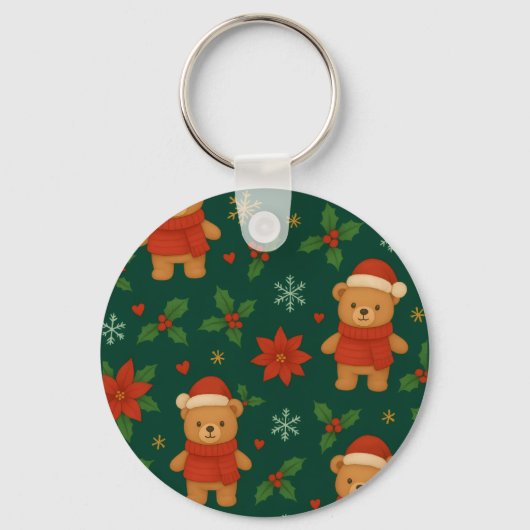 Porte-clés Christmas Teddy Bear Pattern – Cute Green Holiday (Recto)