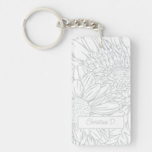 Porte-clés Chrysanthèmes Gris Clair sur Fond Blanc avec Photo