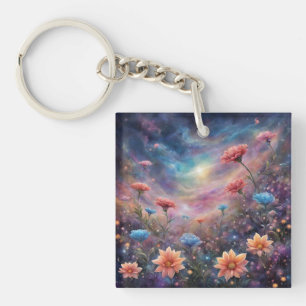 Porte-clés Ciel cosmique avec fleurs d'imaginaire