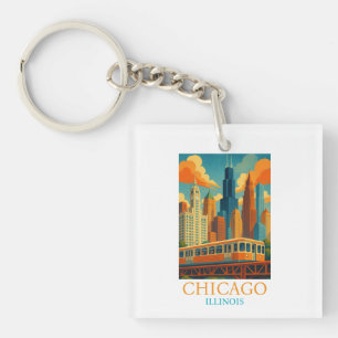 Porte-clés Ciel de Chicago Illinois Art de Voyage Vintage