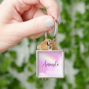 Porte-clés Ciel rose pastel avec arc-en-ciel jaune