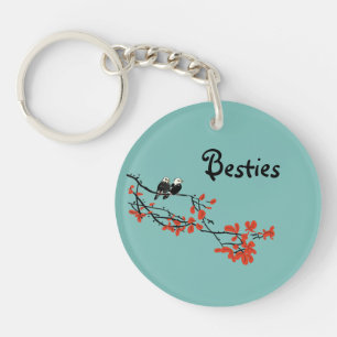 Porte-clés Citation d'amitié Deux oiseaux Feuilles rouges Mon