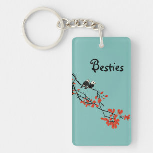 Porte-clés Citation d'amitié Deux oiseaux Rouge Feuille Monog