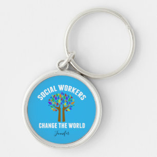 Porte-clés Citation de travail social bleu Arc-en-ciel Monogr