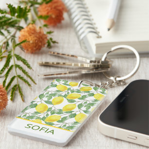Porte-clés Citron aquarelle motif nom personnalisé jaune