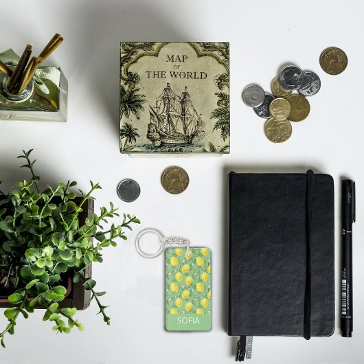 Porte-clés Citron aquarelle motif nom personnalisé jaune vert