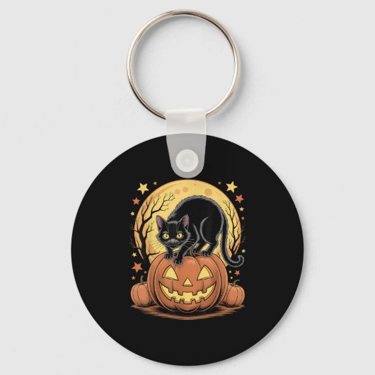 Porte-clés Citrouille de chat noir rétro drôle Halloween (Recto)