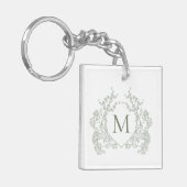 Porte-clés Classic Botanique Sage Vert Floral Crest Monogramm (Devant gauche)