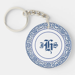 Porte-clés Classic Retro Personnalisé Monogramme Motif Bleu