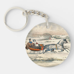 Porte-clés Classique 1853 Traîneau Currier Ives Route Hiver