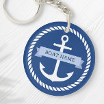 Porte-clés Clés de nom du bateau de la corde d'ancrage nautiq<br><div class="desc">Porte - clé acrylique pour vos clés de bateau avec ancre nautique blanche entourée d'une bordure de corde sur un arrière - plan bleu foncé. De l'autre côté de l'ancre se trouve un ruban bleu clair avec un champ modèle pour le nom de votre bateau.</div>