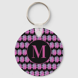 Porte-clés Cloches à quatre feuilles noires et roses monogram