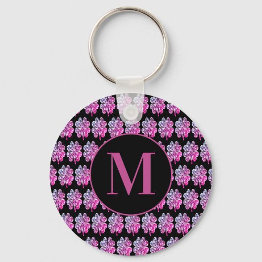 Porte-clés Cloches à quatre feuilles noires et roses monogram (Recto)