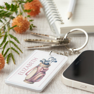 Porte-clés Club de golf vintage Rose Aquarelle Personnalisé