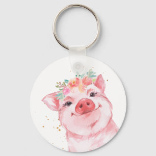 Porte-clés Cochon d'aquarelle mignonne avec couronne de fleur
