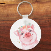 Porte-clés Cochon d'aquarelle mignonne avec couronne de fleur (Recto)