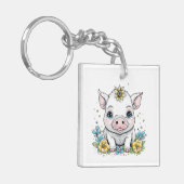 Porte-clés Cochon de dessin mignon en fleurs Personnalisé (Devant gauche)