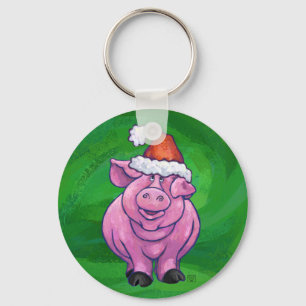Porte-clés Cochon de Fête à Santa Hat sur Vert