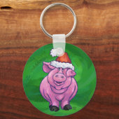 Porte-clés Cochon de Fête à Santa Hat sur Vert (Recto)
