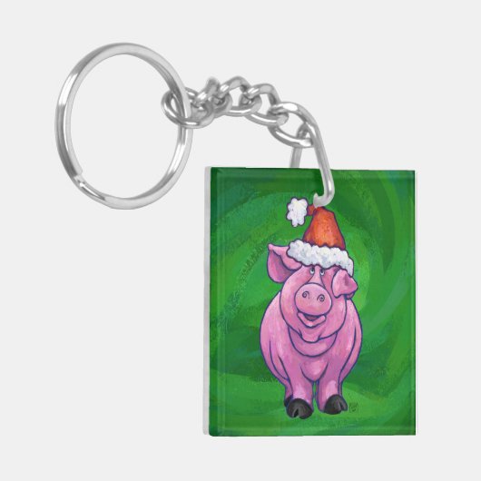 Porte-clés Cochon de Fête à Santa Hat sur Vert (Devant gauche)