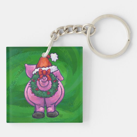 Porte-clés Cochon de Fête à Santa Hat sur Vert (Dos)