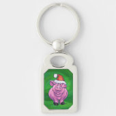Porte-clés Cochon de Fête à Santa Hat sur Vert (Devant)