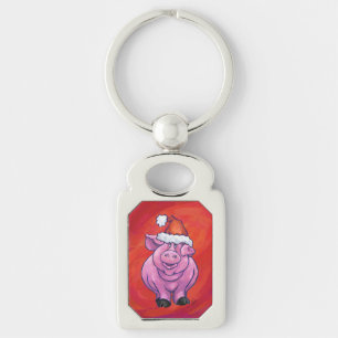 Porte-clés Cochon mignon à Santa Hat sur rouge