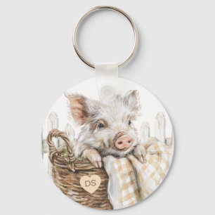 Porte-clés Cochon Mignon Dans Un Panier Monogramme Personnali
