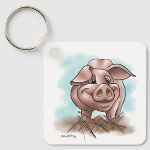 Porte-clés Cochon Rose dans la Paille Dessin Animé