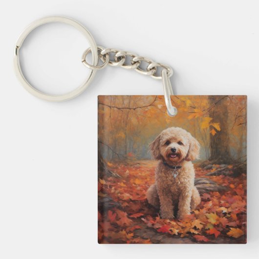 Porte-clés Cockapou dans les feuilles d'automne automne autom (Devant)