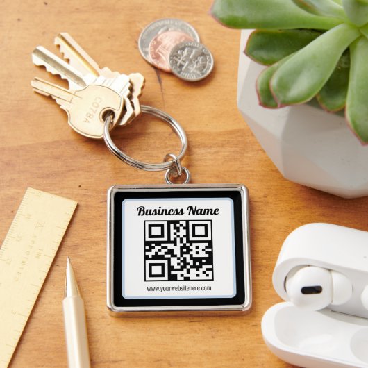 Porte-clés Code QR éditable & Texte avec bordure bleu clair (Bureau)