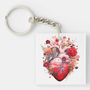 Porte-clés Coeur anatomique avec fleurs