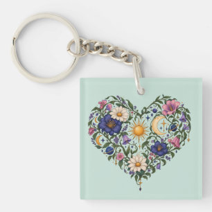 Porte-clés cœur botanique céleste