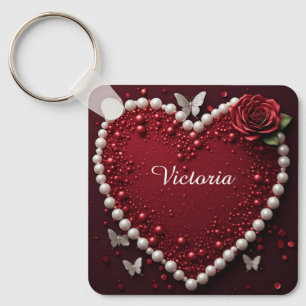 Porte-clés Cœur de Perle Rouge avec des Roses pour Décoration
