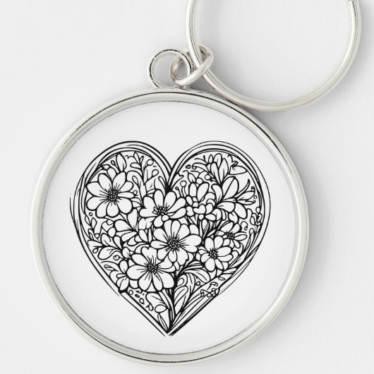 porte-clés coeur fleur noir et blanc (Devant)
