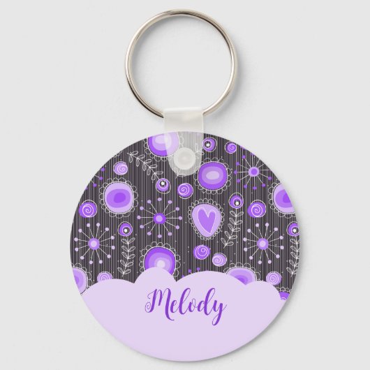 Porte-clés Coeur gris violet blanc et nom floral (Recto)