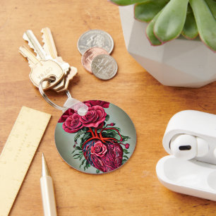 Porte-clés Coeur humain avec fleurs de rose rouge art surréal