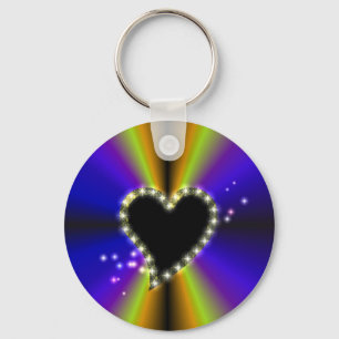 Porte-clés Coeur noir avec étoiles sur arc-en-ciel jaune viol
