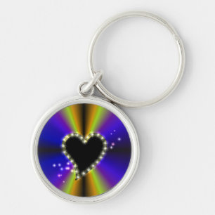 Porte-clés Coeur noir avec étoiles sur arc-en-ciel jaune viol