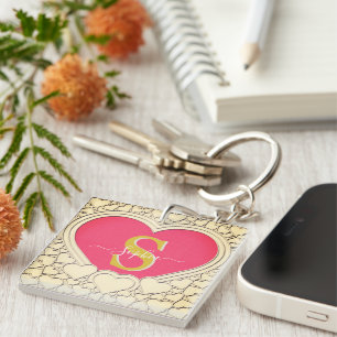 Porte-clés Cœur Rose Élégant et Initiale, Nom Élégant