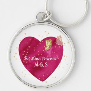 Porte-clés Cœur rose romantique et papillon doré 