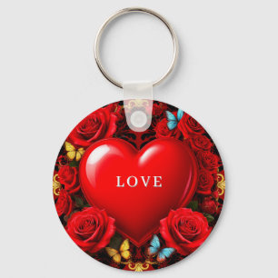 Porte-clés Cœur rouge romantique encadré de roses et de papil